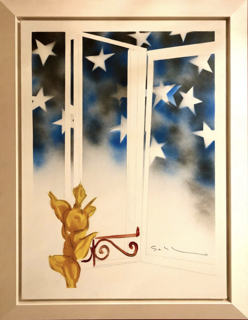 Mario Schifano- finestra con stelle- smalto e spray su tela 75x90cm 1973
